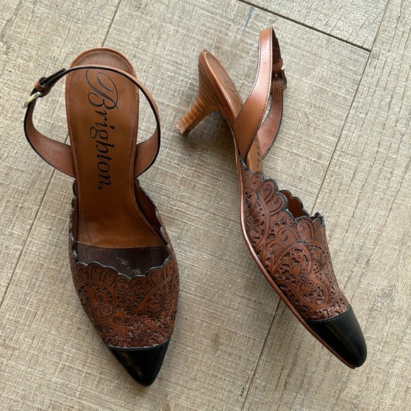 Brighton Fancy Brown & Black Laser Cut Kitten Heel Slingback Shoes Size 8 - Picture 10 of 10